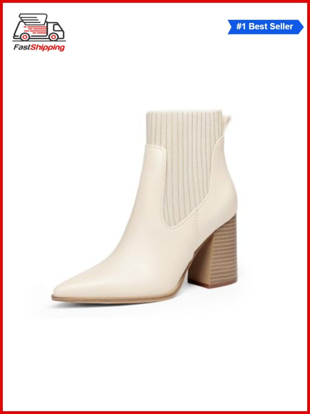 ✨ Coutgo Women Ankle Boots Faux Leather Pointed Toe Chunky Heel Knit Chelsea